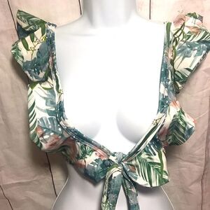 Pale Khaki Leafy Frill Tie Front Bikini Top Sz 4